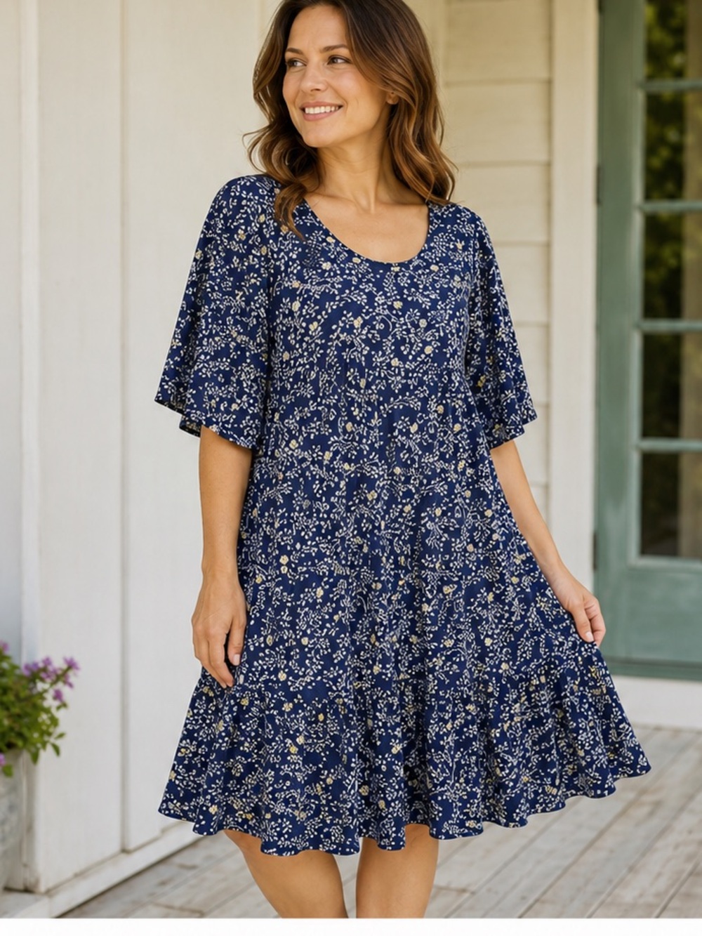 Adventures Navy Floral Tiered Swing Dress - Women's large - Picture 1 of 9